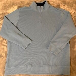 Lands End Mens Light Blue Quarter Zip Pullover Sweater 2XL Cotton Blend